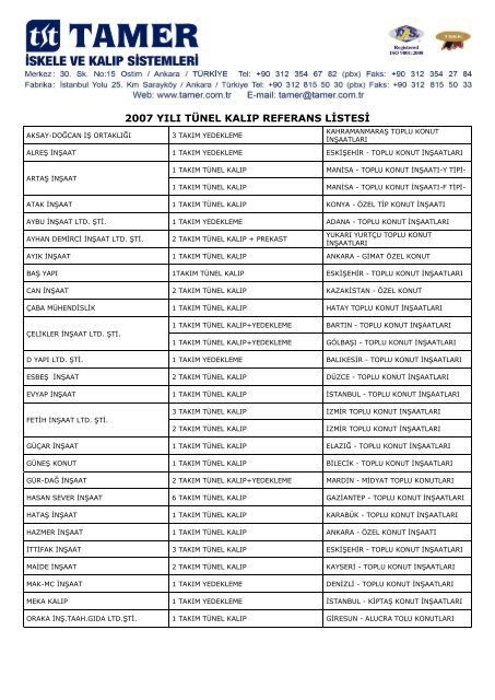 2005 yÄ±lÄ± tÃ¼nel kalÄ±p referans listesi - Tamer.com.tr