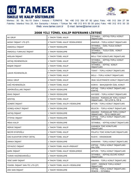 2005 yÄ±lÄ± tÃ¼nel kalÄ±p referans listesi - Tamer.com.tr