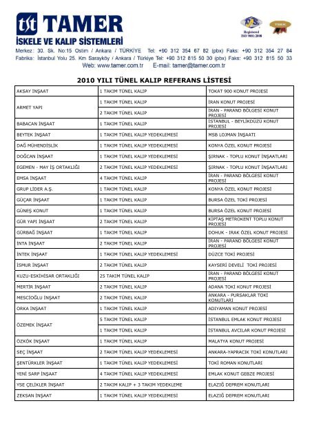 2005 yÄ±lÄ± tÃ¼nel kalÄ±p referans listesi - Tamer.com.tr