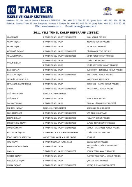 2005 yÄ±lÄ± tÃ¼nel kalÄ±p referans listesi - Tamer.com.tr