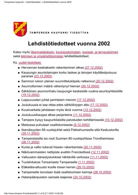 ViestintÃ¤yksikÃ¶n tiedotteet 2002 - Tampereen kaupunki
