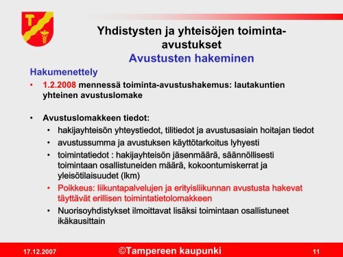 Yhdistysten ja yhteisÃ¶jen toiminta-avustukset - Tampere