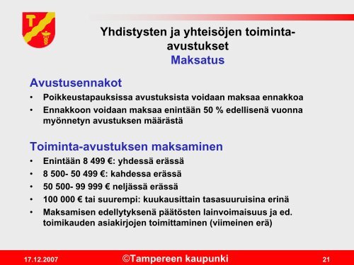 Yhdistysten ja yhteisÃ¶jen toiminta-avustukset - Tampere