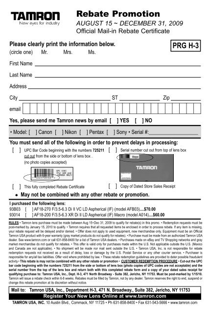 rebate form here - Tamron
