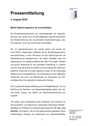 Pressemitteilung 4. August 2010 - Bundesingenieurkammer