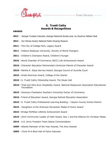 S. Truett Cathy Awards & Recognitions - Chick-fil-A
