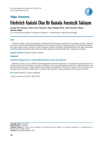 Friedreich Ataksisi Olan Bir Hastada Anestezik YaklaÅÄ±m - TARD