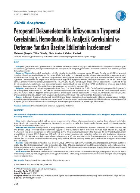 Peroperatif Deksmedetomidin Ä°nfÃ¼zyonunun Tiyopental ... - TARD