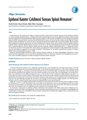 Epidural Kateter Ãekilmesi SonrasÄ± Spinal Hematom* - TARD