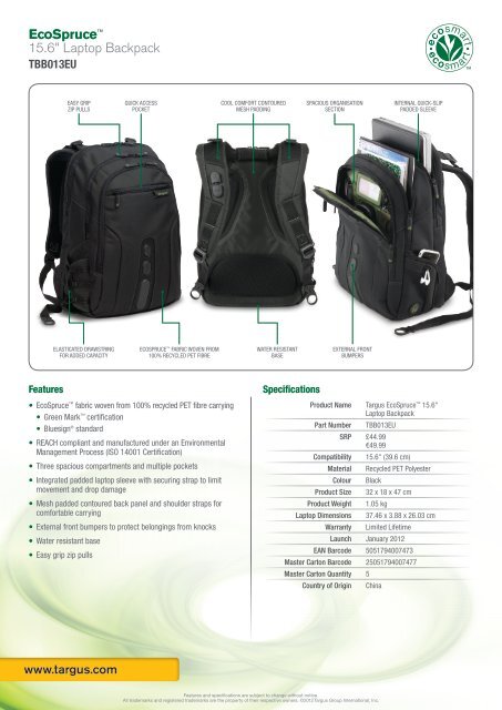 EcoSpruceâ¢ 15.6" Laptop Backpack (TBB013EU) - Targus