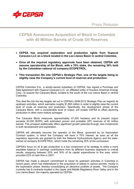 CEPSA Announces Acquisition of Block in Colombia with 40 Million