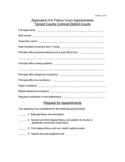 Application For Felony Court Appointments Tarrant County Criminal Application For Felony Court Appointments Tarrant County Criminal
