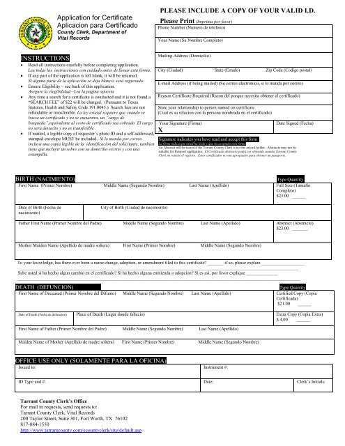 Application for Certificate - Tarrant County