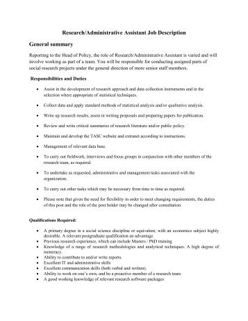 Research/Administrative Assistant Job Description General ... - Tasc