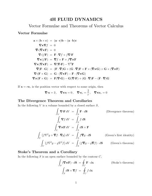 4H FLUID DYNAMICS Vector Formulae and Theorems of Vector ...