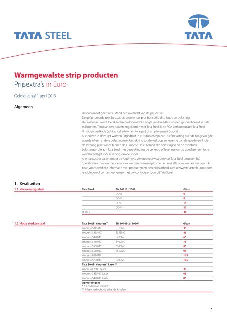 Warmgewalste strip producten Prijsextra's in Euro - Tata Steel