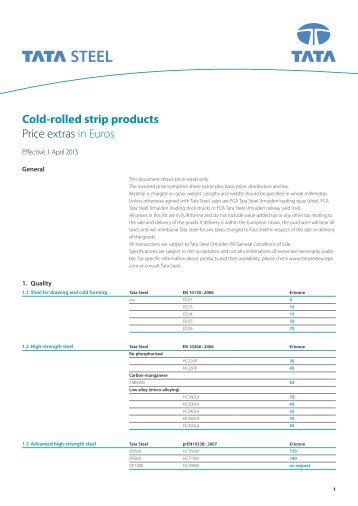 Cold-rolled strip products Price extras in Euros - Tata Steel