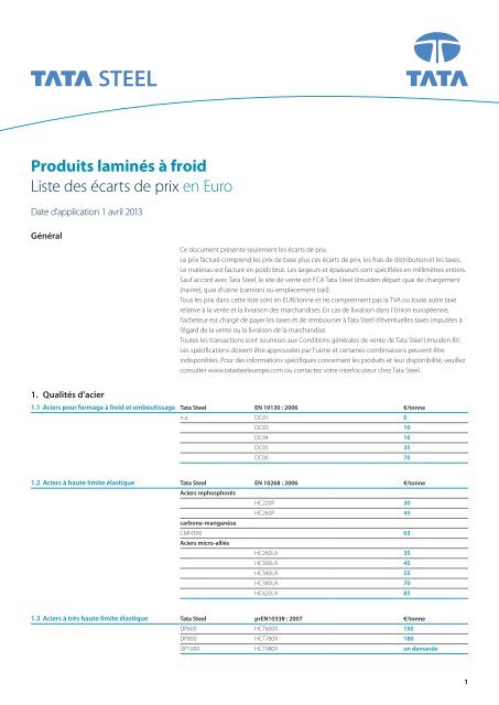 Produits laminÃ©s Ã  froid Liste des Ã©carts de prix en Euro - Tata Steel