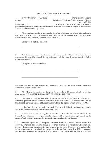 Simple Form Material Transfer Agreement