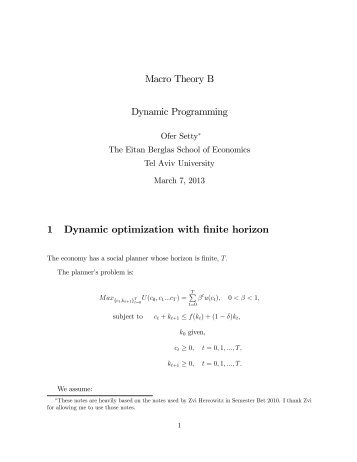 Macro Theory B Dynamic Programming 1 Dynamic optimization with ...