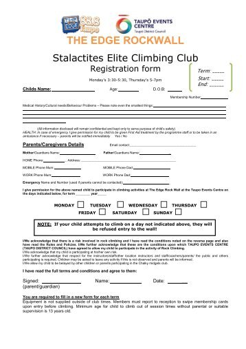Stalactites elite climbing club registration form - Taupo District Council
