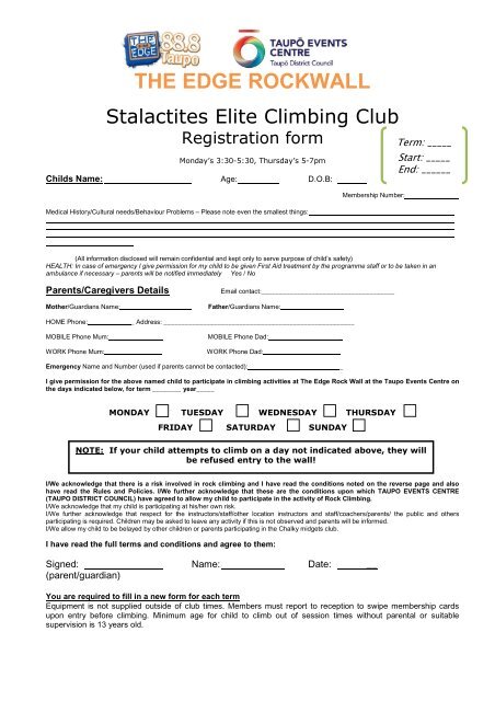 Stalactites elite climbing club registration form - Taupo District Council