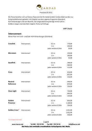 Cardas Audio Preisliste 05/2013