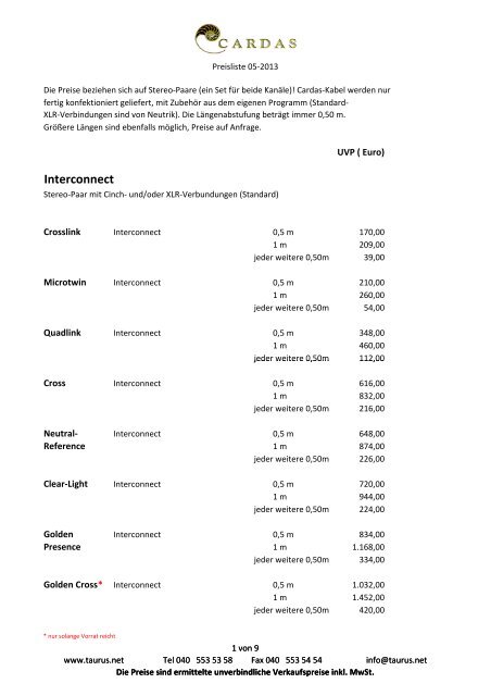 Cardas Audio Preisliste 05/2013