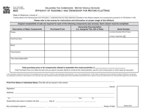 Affidavit of Assembly and Ownership for Motorcycle/Trike