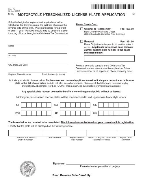 Motorcycle Personalized License Plate Application - Oklahoma Tax