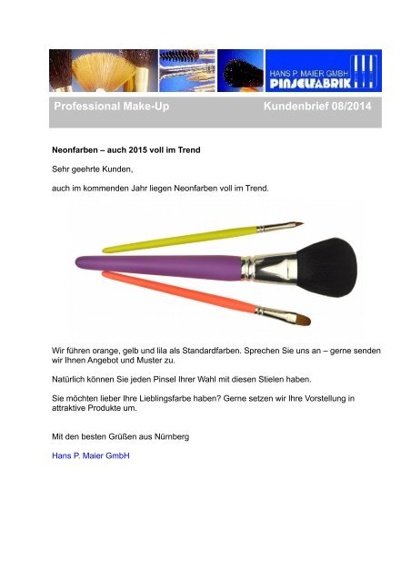 Professional Make-Up Pinsel in Neonfarben - Kundenbrief 08/2014