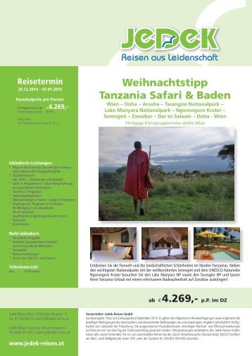 Weihnachtstipp Tanzania Safari & Baden  € 4.269,-