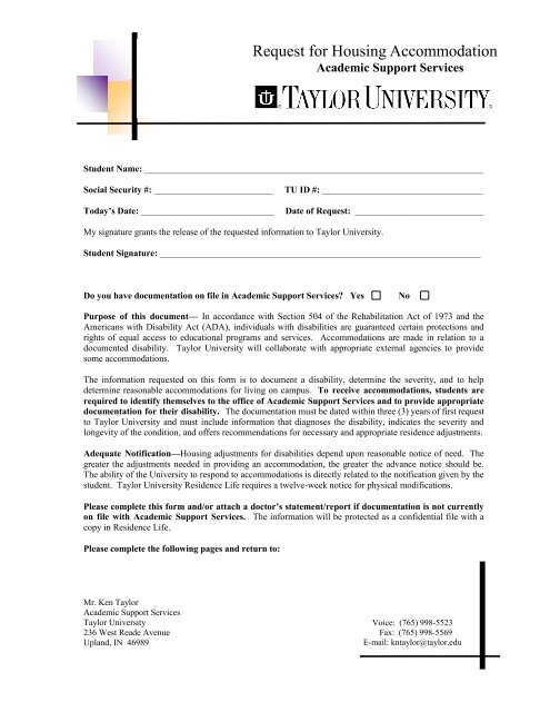 Housing Accommodation Form - Taylor University