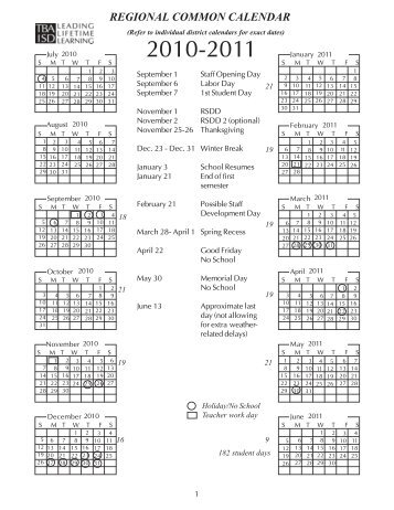 REGIONAL COMMON CALENDAR