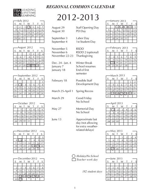 TBAISD Regional Common Calendar