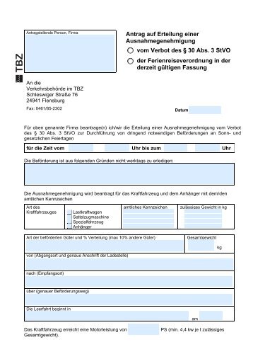 Antrag auf Ausnahmegenehmigung vom ... - TBZ Flensburg