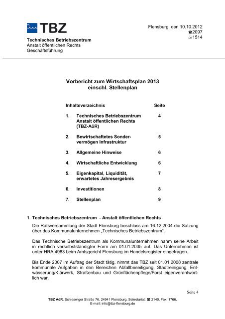 Wirtschaftsplan TBZ 2013 - TBZ Flensburg