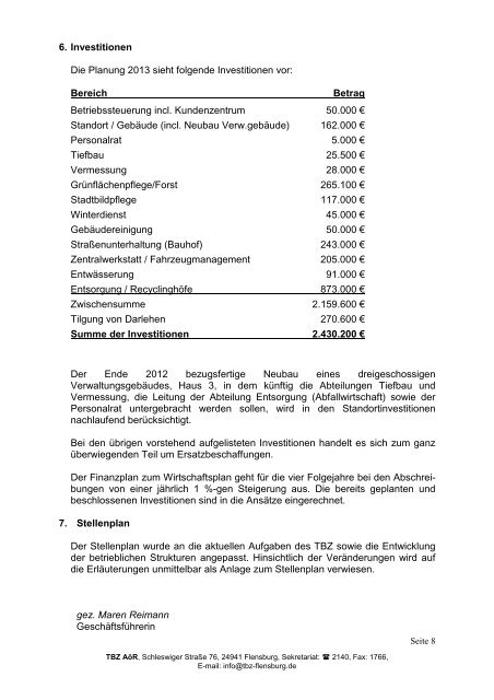 Wirtschaftsplan TBZ 2013 - TBZ Flensburg