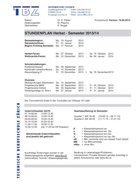 STUNDENPLAN Herbst - Semester 2013/14