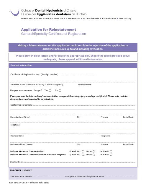 Application for Reinstatement General/Specialty Certificate of ...