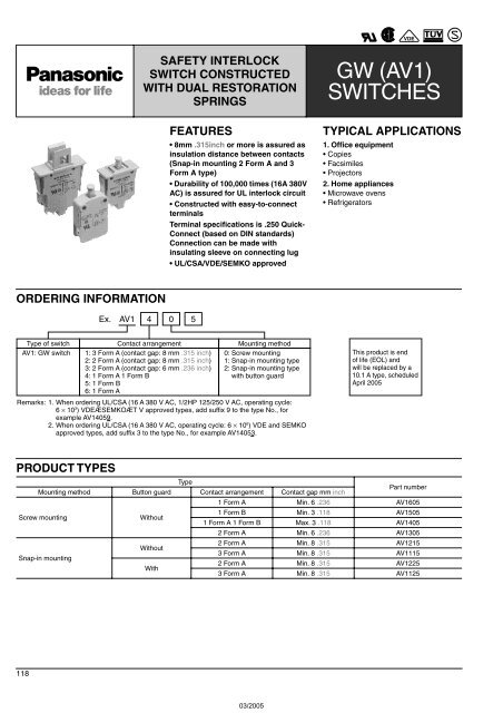 Snap-Action Switches Detection Switches General Catalogue 2005