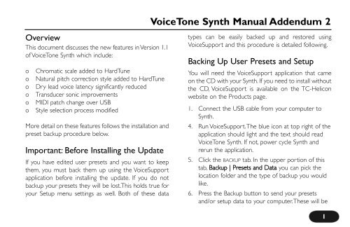 VoiceTone Synth Manual Addendum - TC-Helicon