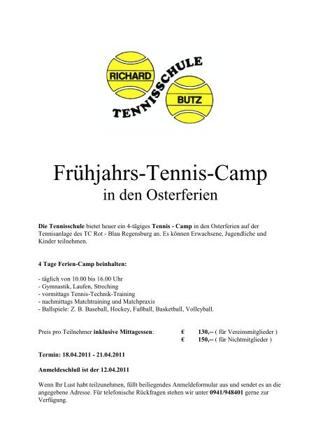 Anmeldung zum Tennis - Ferien - Camp - TC Rot-Blau Regensburg