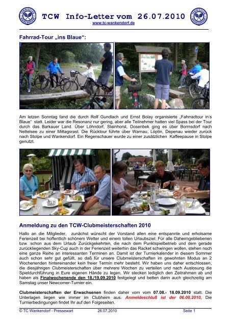 TCW Info-Letter vom 26.07.2010 - TC Wankendorf