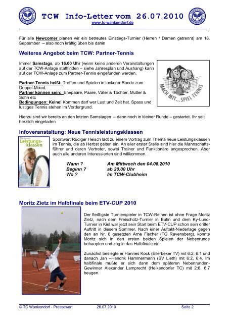 TCW Info-Letter vom 26.07.2010 - TC Wankendorf