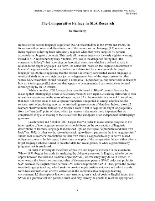 The Comparative Fallacy in SLA Research - Teachers College ...