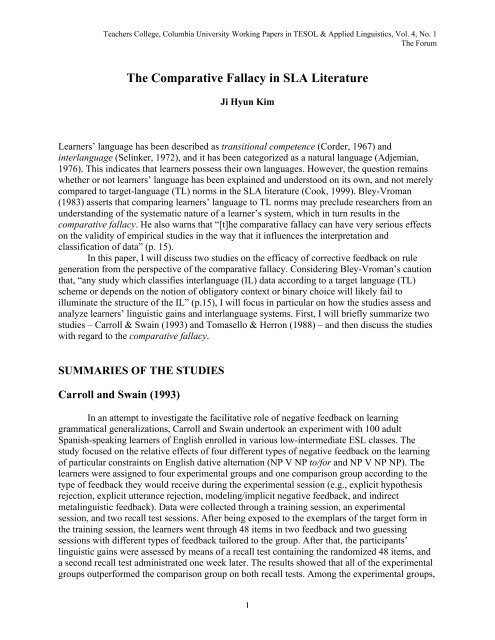 The Comparative Fallacy in SLA Literature - Teachers College ...