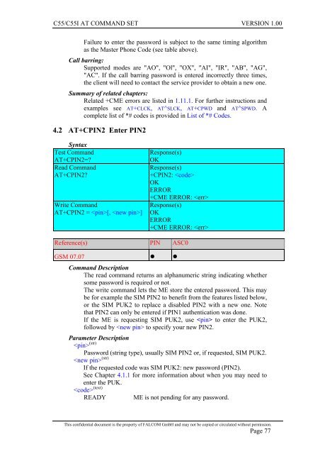 C55/C55i AT COMMAND SET Description Preliminary - Falcom