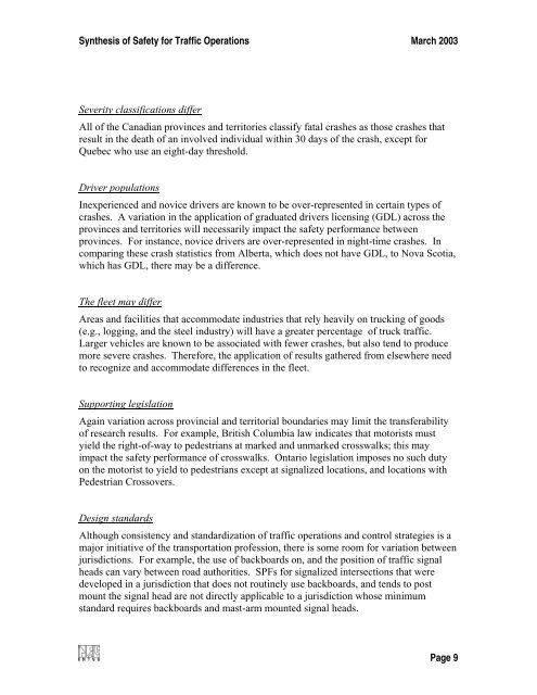 Synthesis of Safety for Traffic Operations - Transports Canada