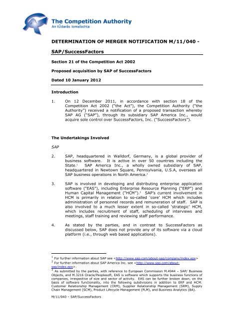 DETERMINATION OF MERGER NOTIFICATION M/11/040 - SAP ...